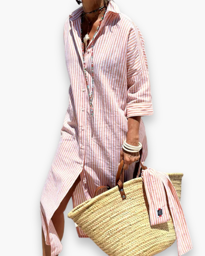 "Robe chemise maxi élégante à rayures classiques, vue de face, fluide et polyvalente pour femmes modernes."