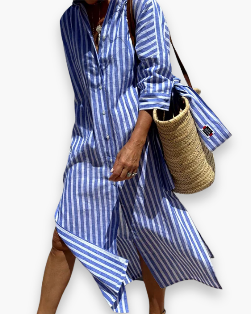 "Robe chemise maxi élégante à rayures classiques, vue de face, fluide et polyvalente pour femmes modernes."