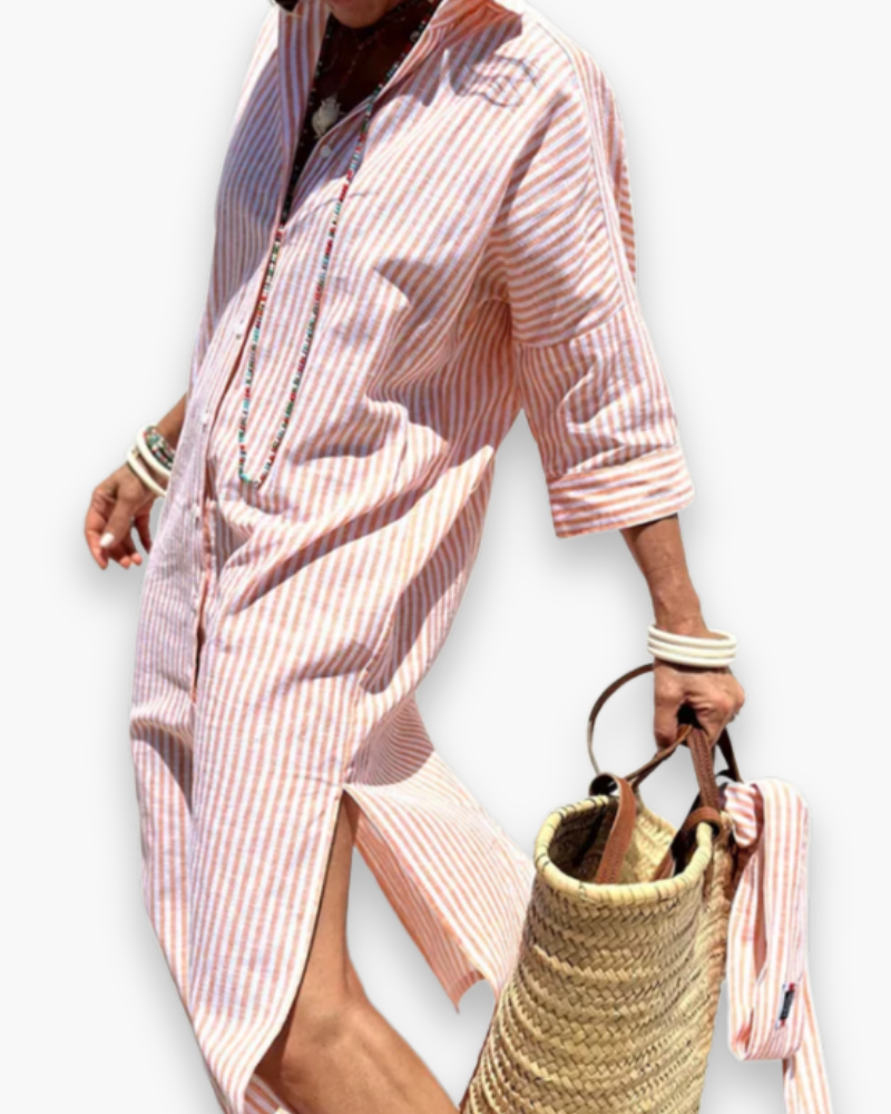 "Robe chemise maxi élégante à rayures classiques, vue de face, fluide et polyvalente pour femmes modernes."