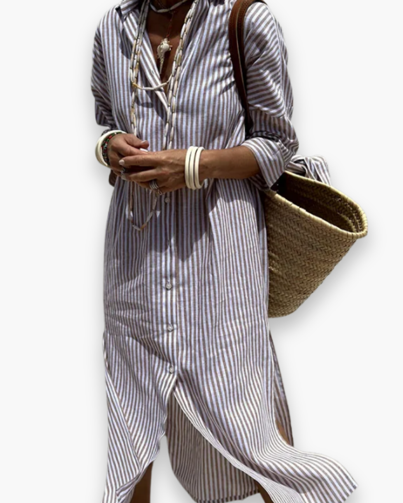 "Robe chemise maxi élégante à rayures classiques, vue de face, fluide et polyvalente pour femmes modernes."
