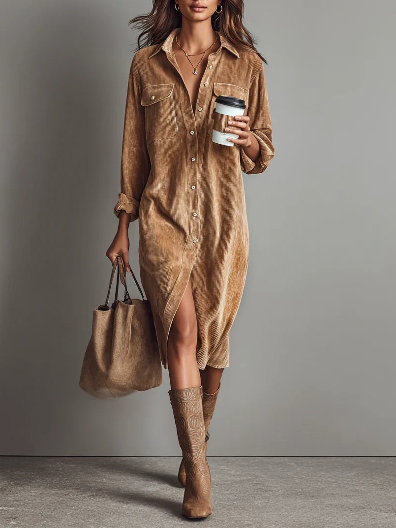 Robe chemise midi décontractée pour femme, chic et confortable, idéale pour un look quotidien élégant.