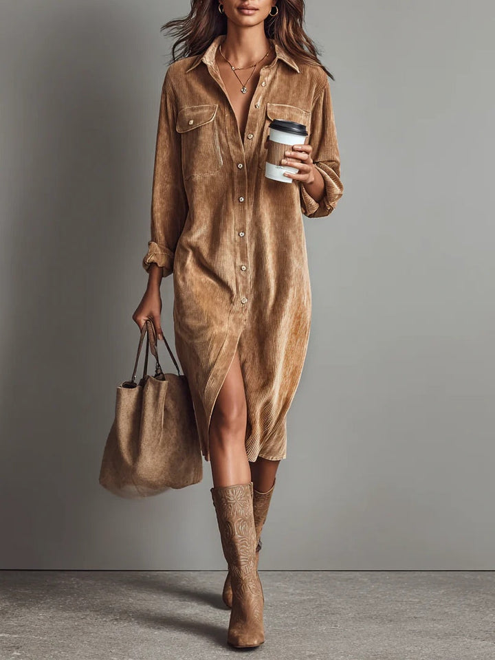 Robe chemise midi décontractée pour femme, chic et confortable, idéale pour un look quotidien élégant.