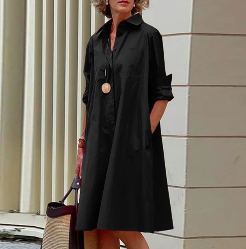 "Robe chemise unie pour femme, élégante et confortable, de couleur noire, taille S-2XL, adaptée à toutes occasions."