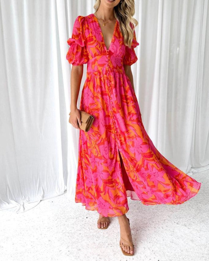 Robe classique femme rouge rosé avec encolure en V, manches bouffantes. Élégante et confortable pour mode printemps.