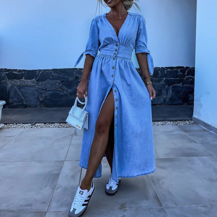 Robe cocktail polyvalente pour femme, coupe mi-longue et col V, style chic et moderne pour la mode printemps/été.
