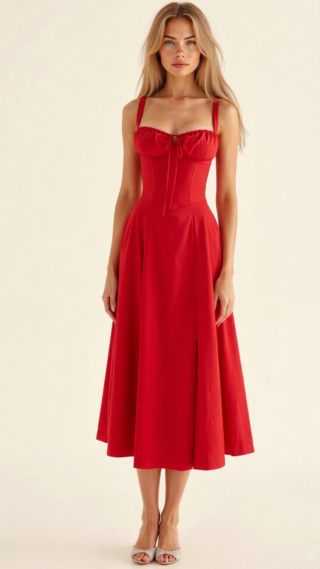 Robe corset midi Kiana élégante, jupe fluide, corsage structurant, féminité raffinée, tenue polyvalente chic pour femmes.