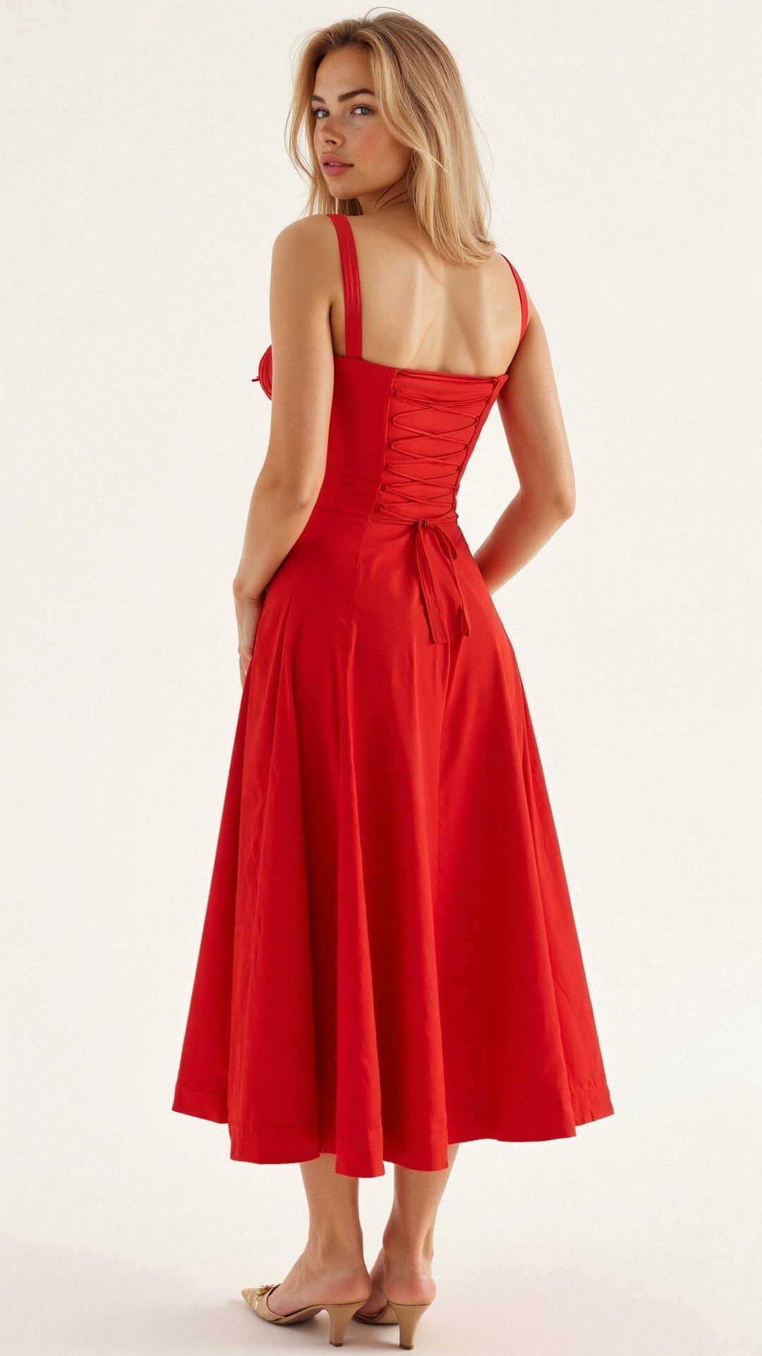 Robe corset midi Kiana élégante, jupe fluide, corsage structurant, féminité raffinée, tenue polyvalente chic pour femmes.