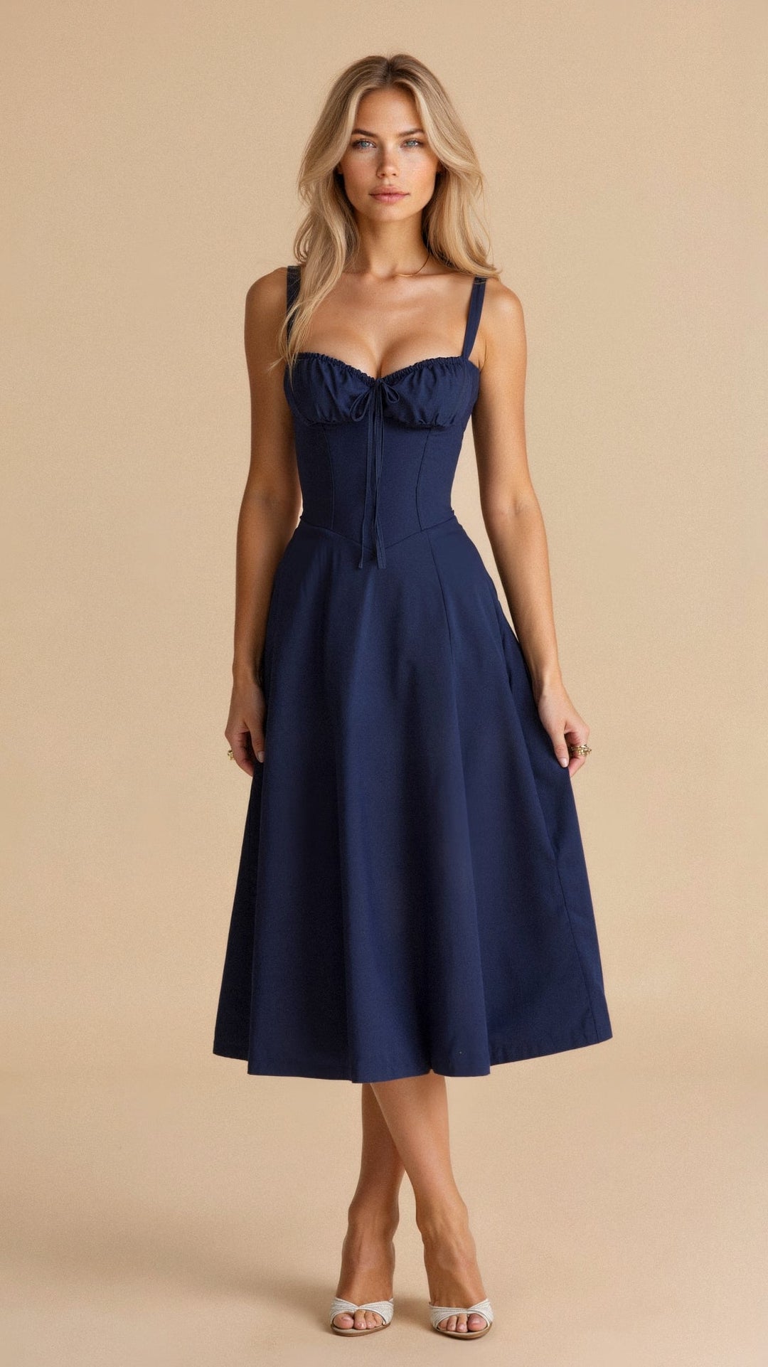 Robe corset midi Kiana élégante, jupe fluide, corsage structurant, féminité raffinée, tenue polyvalente chic pour femmes.