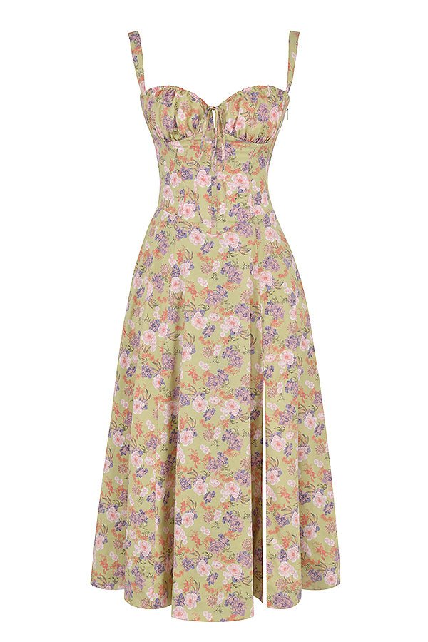 Robe corset midi Kiana élégante, jupe fluide, corsage structurant, féminité raffinée, tenue polyvalente chic pour femmes.