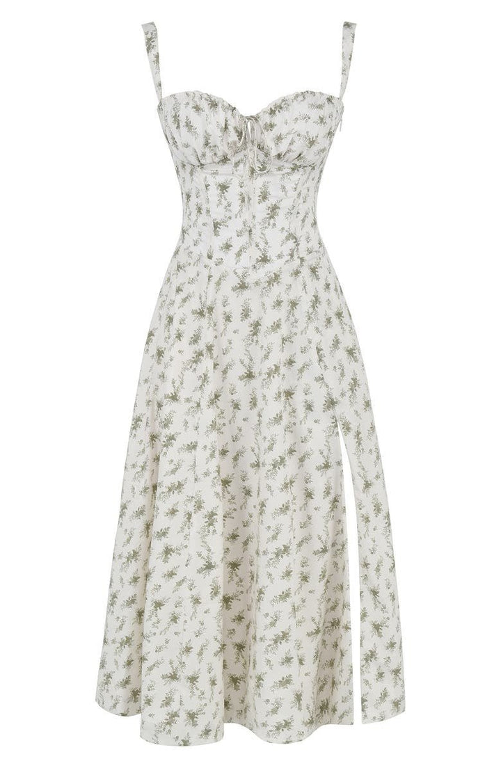 Robe corset midi Kiana élégante, jupe fluide, corsage structurant, féminité raffinée, tenue polyvalente chic pour femmes.