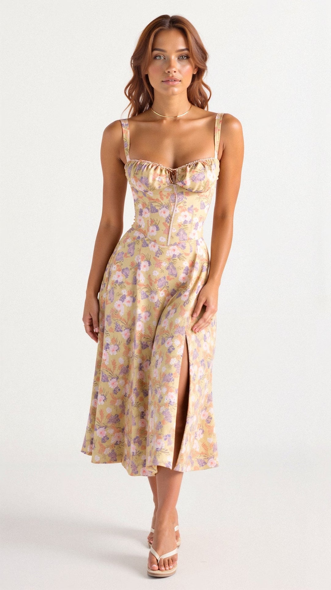 Robe corset midi Kiana élégante, jupe fluide, corsage structurant, féminité raffinée, tenue polyvalente chic pour femmes.