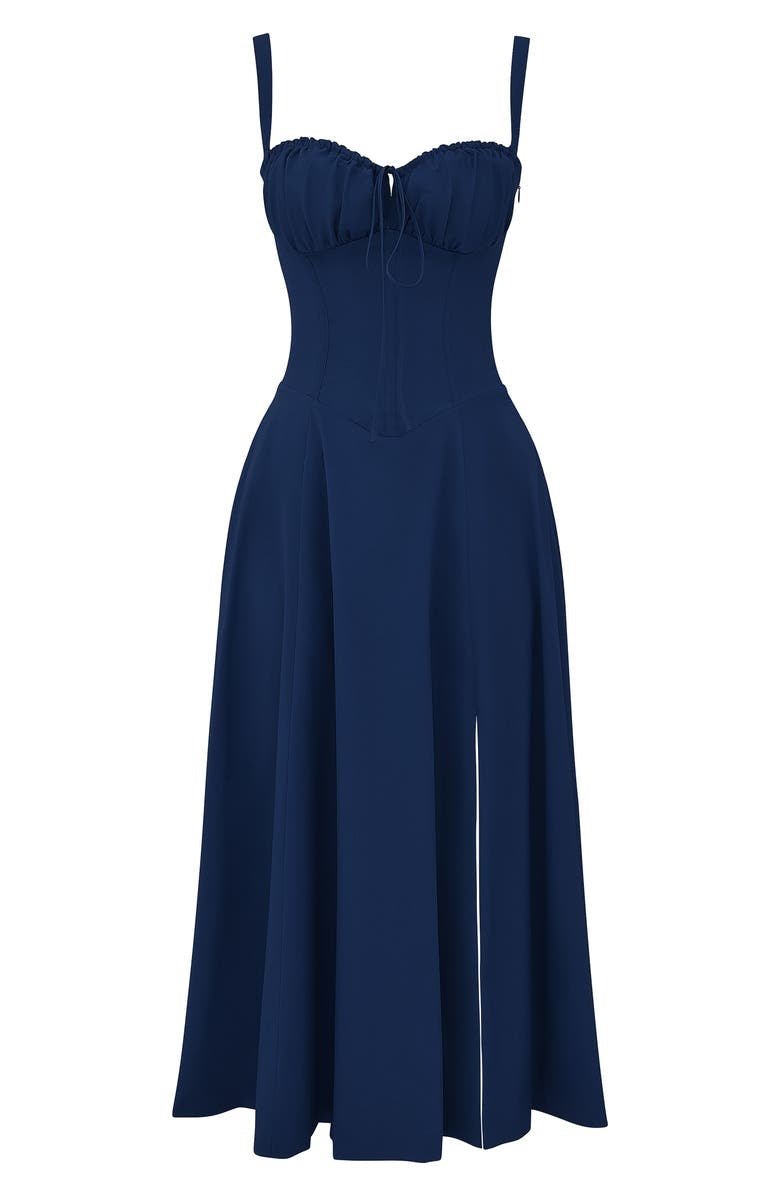 Robe corset midi Kiana élégante, jupe fluide, corsage structurant, féminité raffinée, tenue polyvalente chic pour femmes.