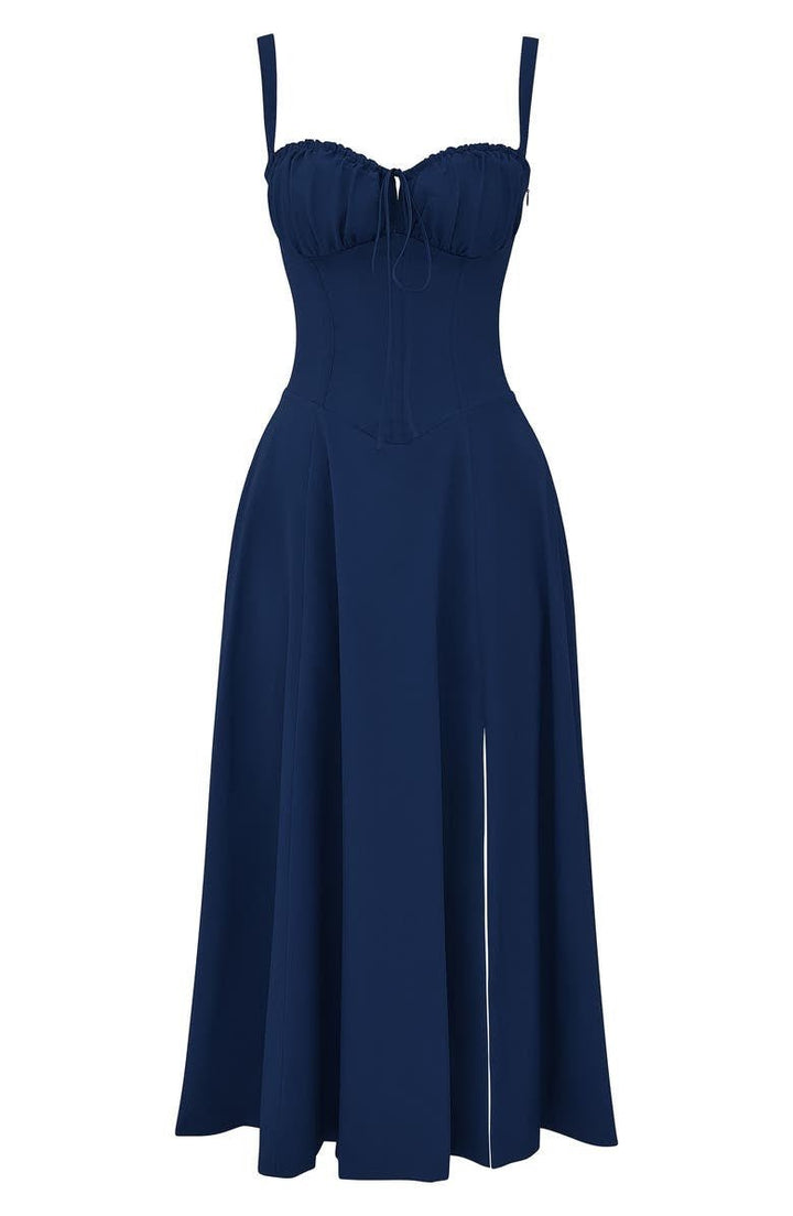 Robe corset midi Kiana élégante, jupe fluide, corsage structurant, féminité raffinée, tenue polyvalente chic pour femmes.