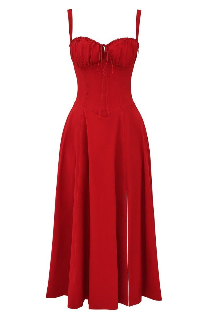 Robe corset midi Kiana élégante, jupe fluide, corsage structurant, féminité raffinée, tenue polyvalente chic pour femmes.