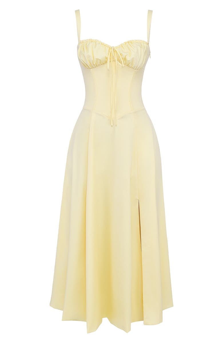 Robe corset midi Kiana élégante, jupe fluide, corsage structurant, féminité raffinée, tenue polyvalente chic pour femmes.
