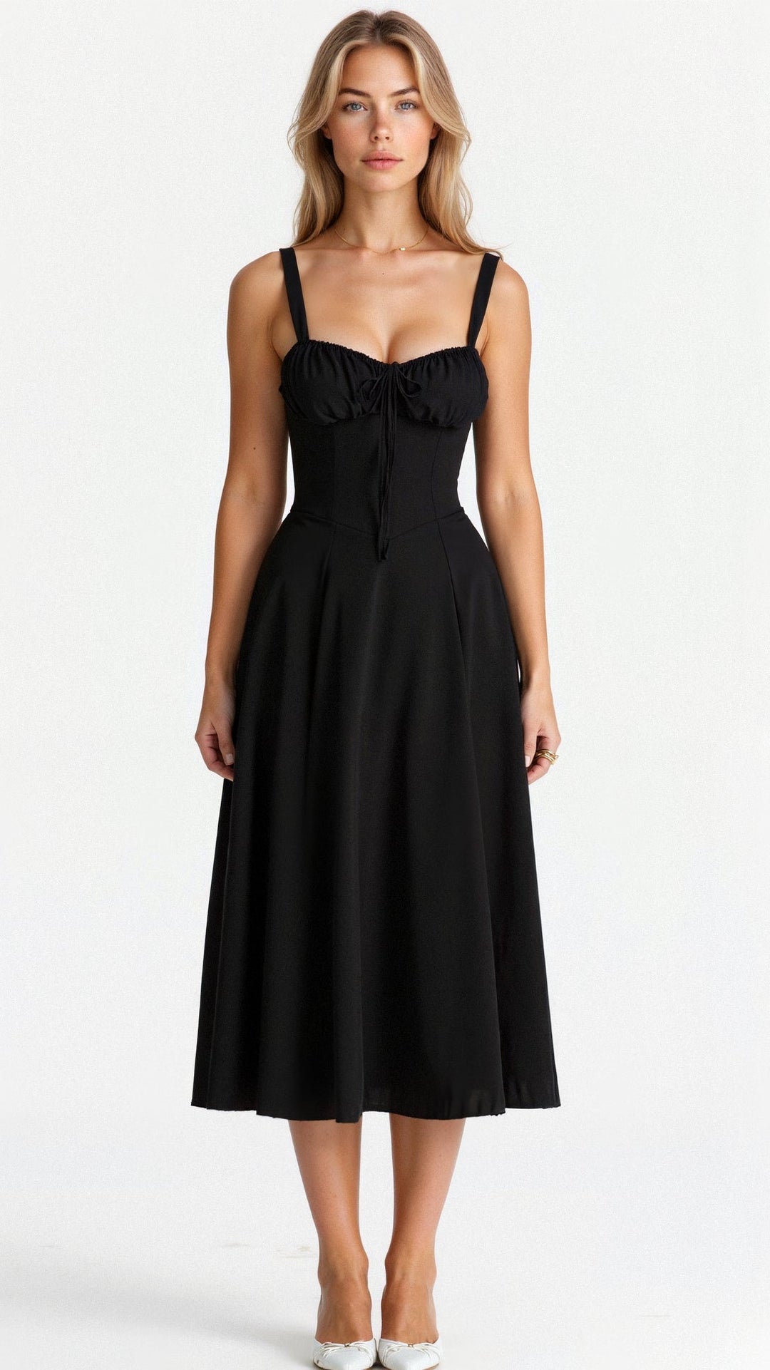 Robe corset midi Kiana élégante, jupe fluide, corsage structurant, féminité raffinée, tenue polyvalente chic pour femmes.