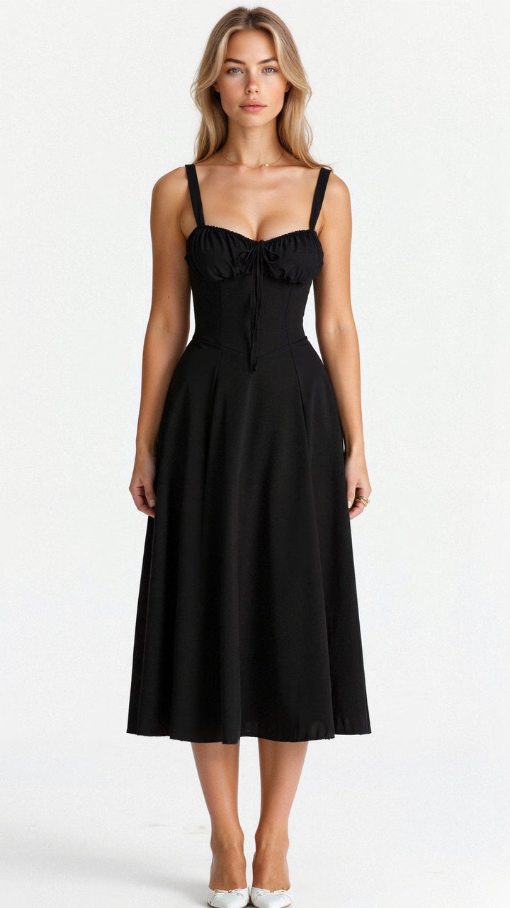 Robe corset midi Kiana élégante, jupe fluide, corsage structurant, féminité raffinée, tenue polyvalente chic pour femmes.