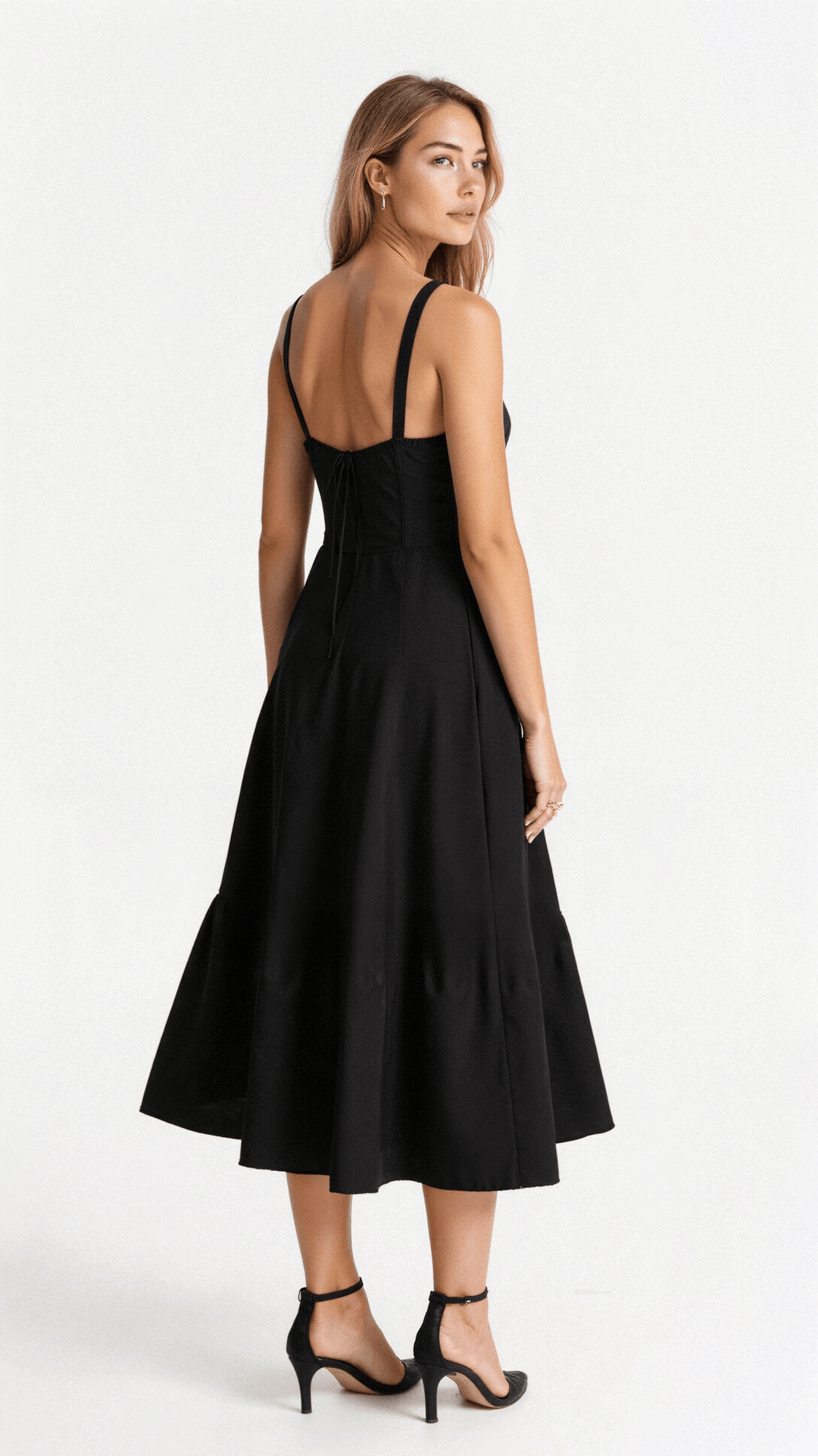 Robe corset midi Kiana élégante, jupe fluide, corsage structurant, féminité raffinée, tenue polyvalente chic pour femmes.