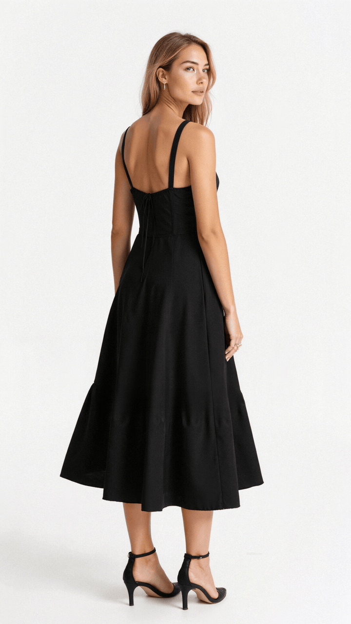 Robe corset midi Kiana élégante, jupe fluide, corsage structurant, féminité raffinée, tenue polyvalente chic pour femmes.