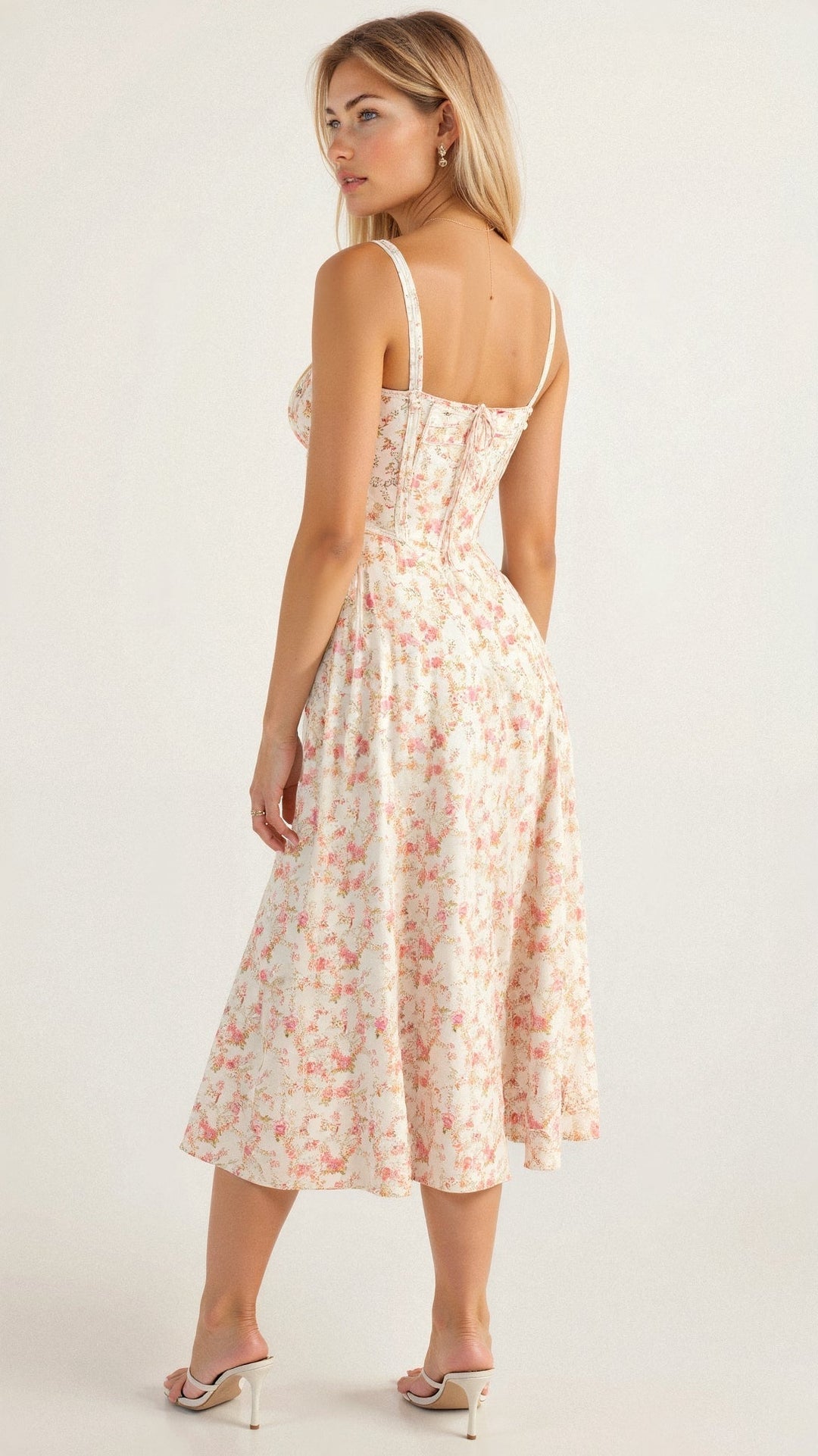 Robe corset midi Kiana élégante, jupe fluide, corsage structurant, féminité raffinée, tenue polyvalente chic pour femmes.