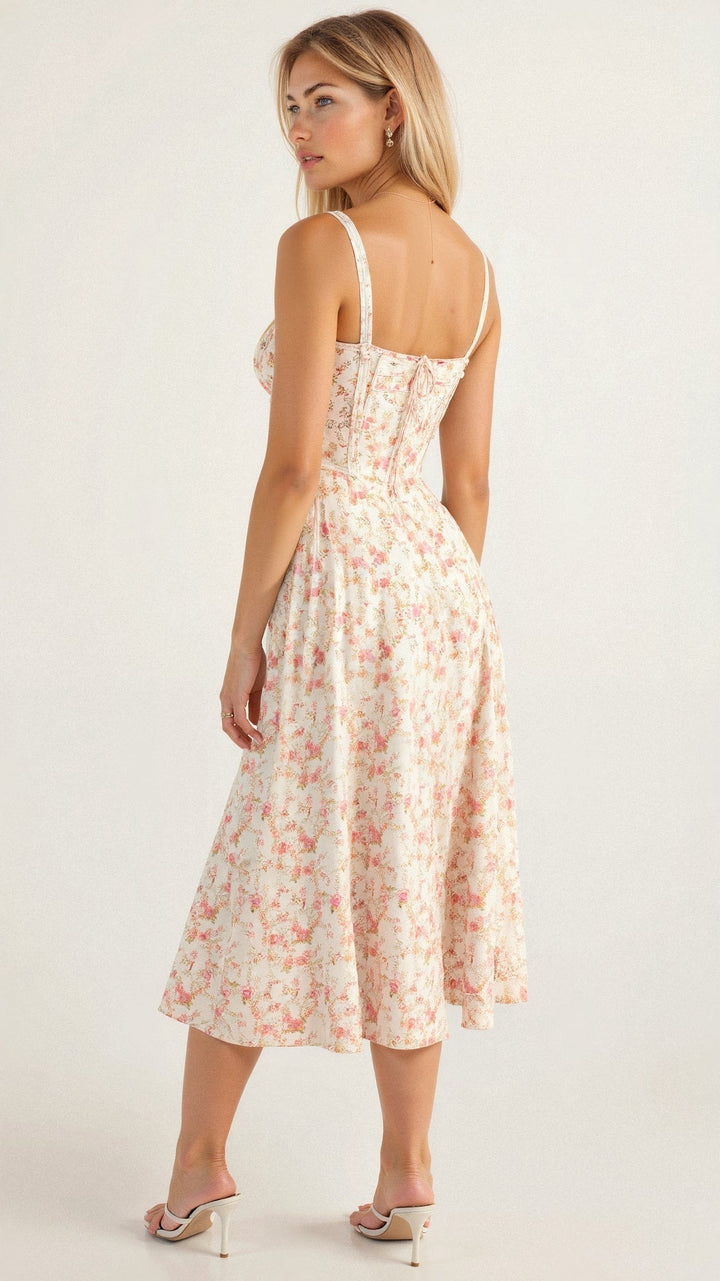 Robe corset midi Kiana élégante, jupe fluide, corsage structurant, féminité raffinée, tenue polyvalente chic pour femmes.
