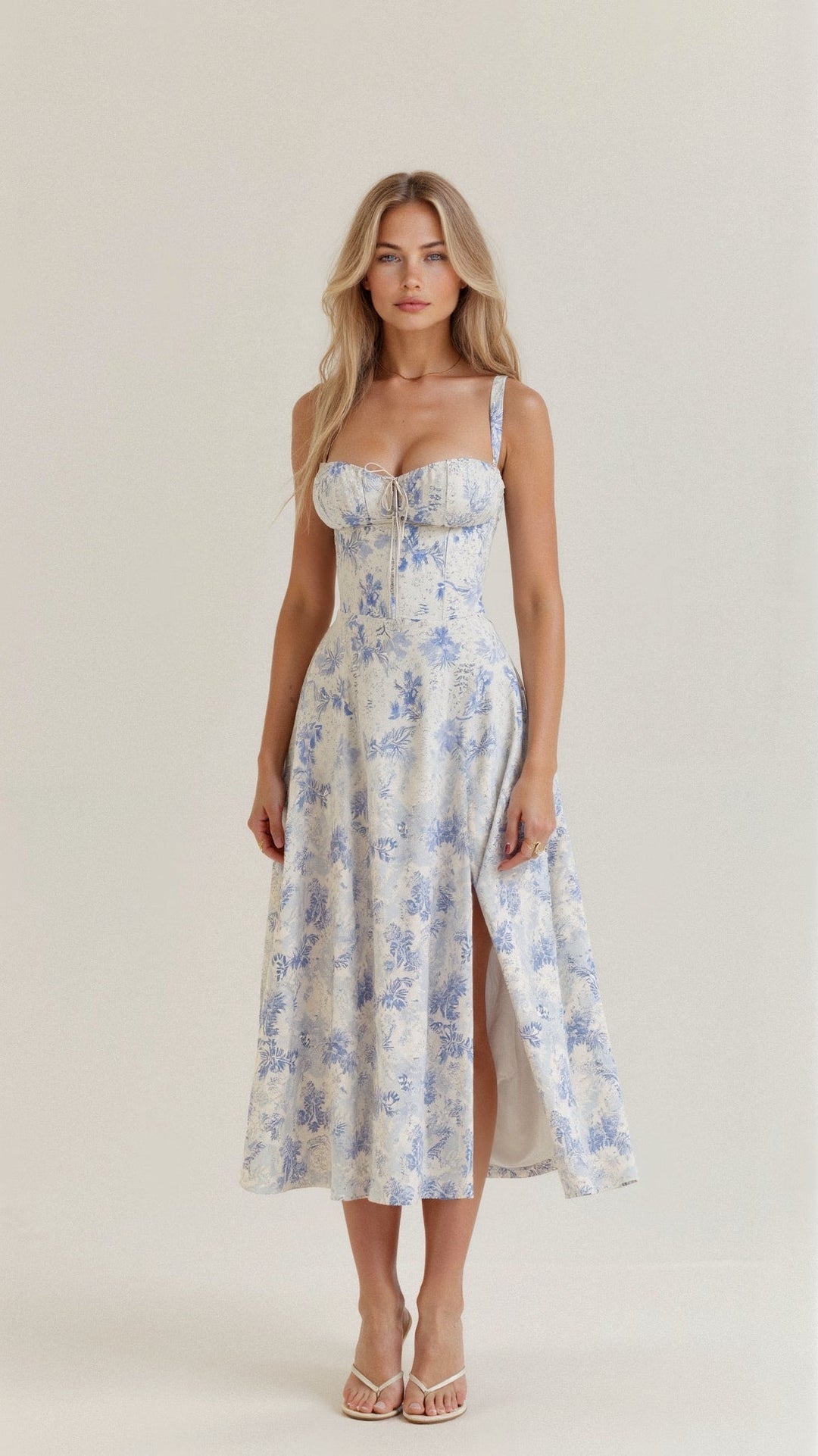 Robe corset midi Kiana élégante, jupe fluide, corsage structurant, féminité raffinée, tenue polyvalente chic pour femmes.