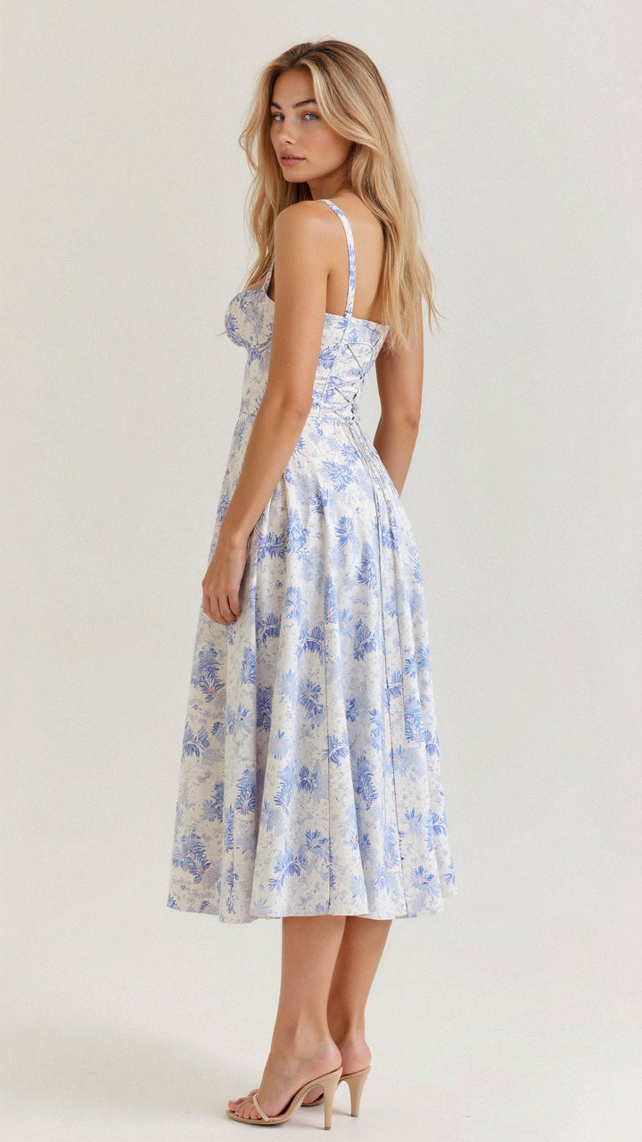 Robe corset midi Kiana élégante, jupe fluide, corsage structurant, féminité raffinée, tenue polyvalente chic pour femmes.
