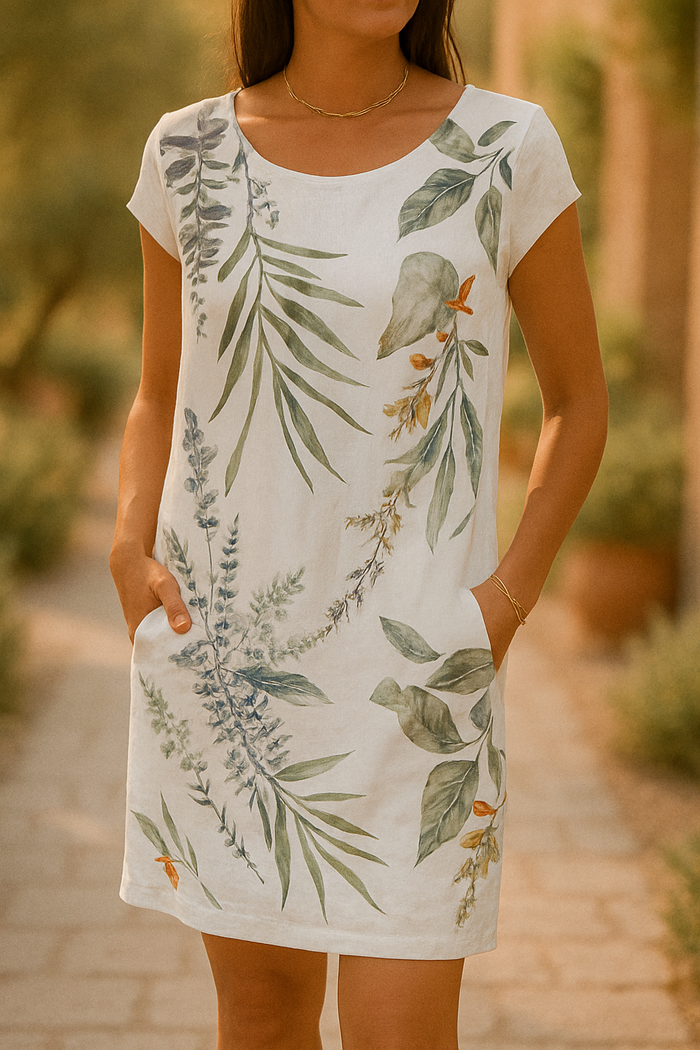 "Robe courte élégante, manches courtes, coupe fluide, style décontracté chic, idéale pour une tenue féminine quotidienne."