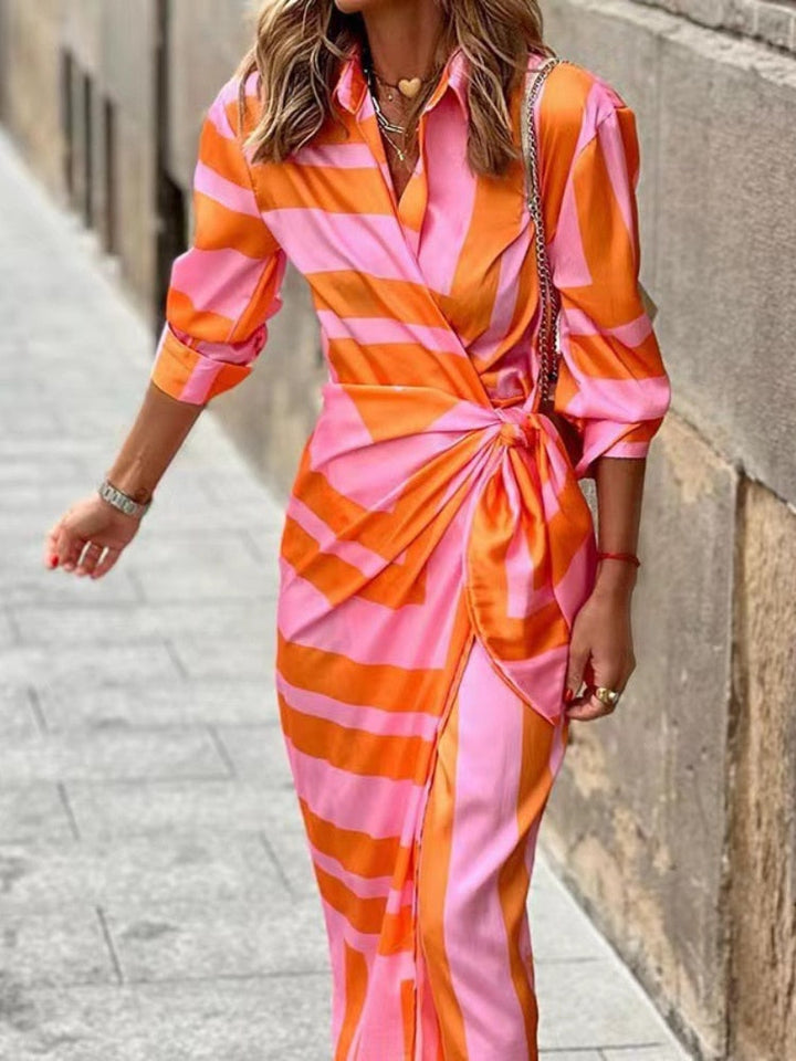 Tenue estivale polyvalente: robe cocktail décontractée femme, décolleté V et ceinture, parfait pour le jour ou la soirée.