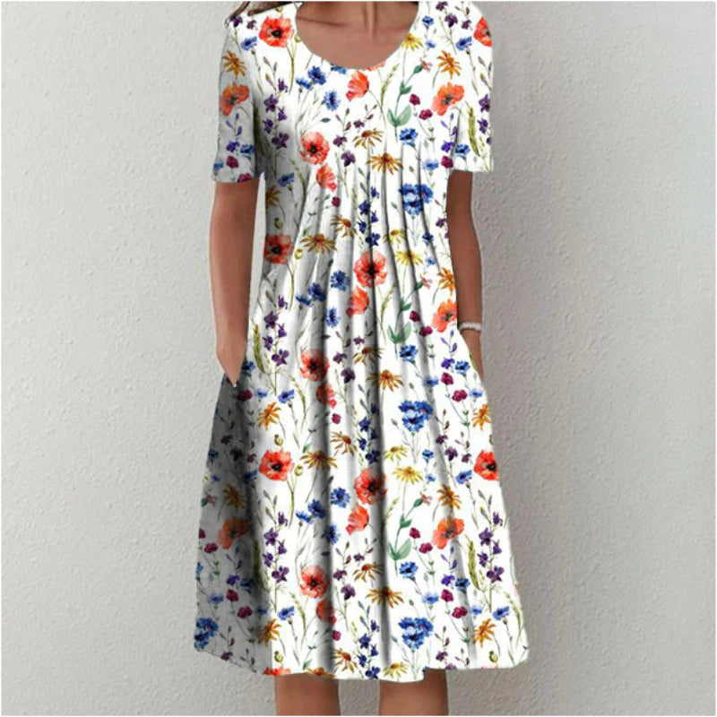 Robe d'été fleurie élégante pour femme, style évasé avec poches pratiques, idéale pour le printemps-été.