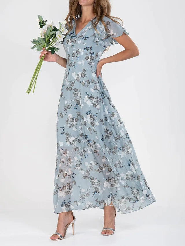 Robe d'été élégante femme coupe A, encolure V, idéale pour tenue chic ou décontractée printemps-été.