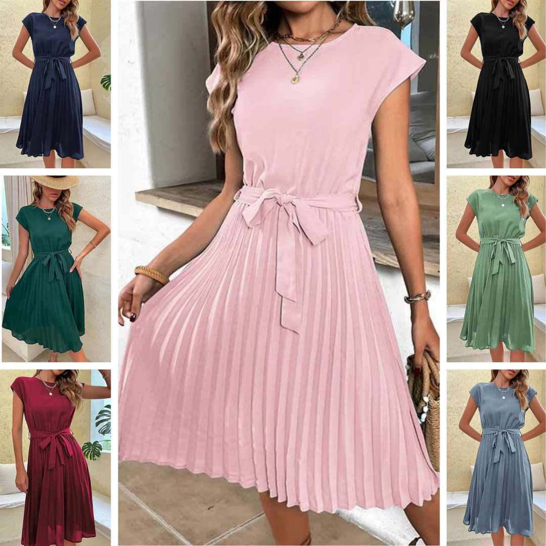 Robe d'été élégante pour femme, coupe A-line, avec ceinture. Parfaite pour cocktail ou tenue chic décontractée.