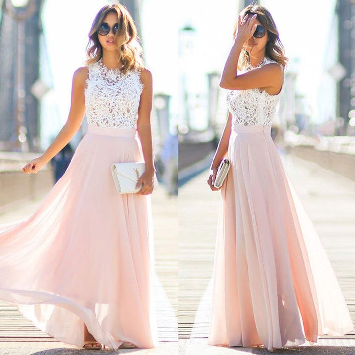 Magnifique robe d'été maxi rose en dentelle pour femme, coupe élégante, parfaite pour un look raffiné.