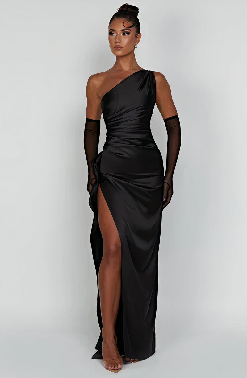 Robe ajustée une épaule élégante pour femme. Idéale pour soirée chic, cocktail ou bal. Tenue moderne.