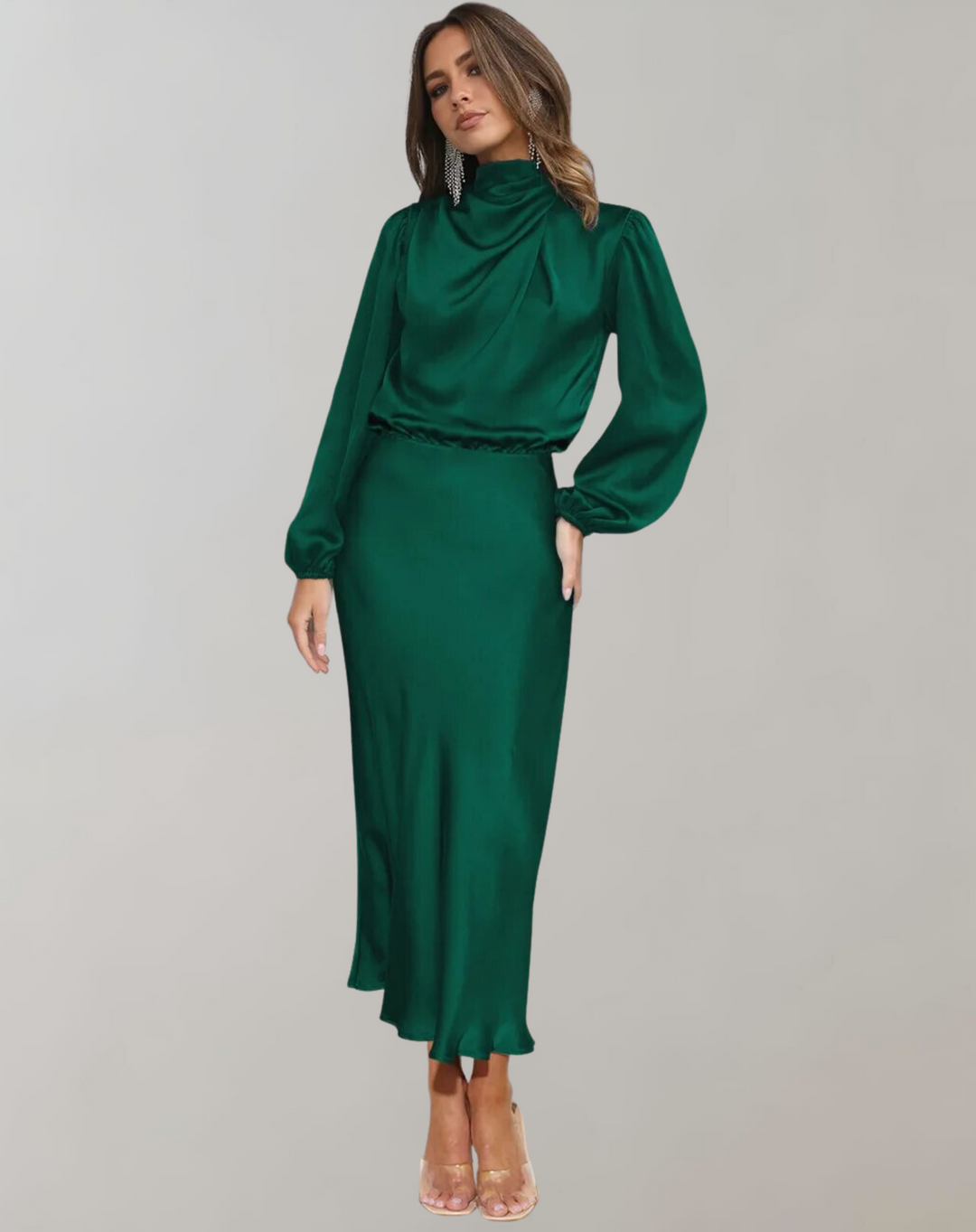 Robe de soirée élégante à manches longues pour femmes. Idéale pour cocktails, événements et occasions spéciales. Tissu chic.