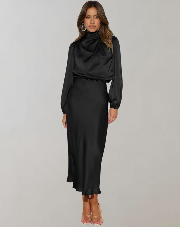 Robe de cocktail femmes style élégant, avec manches longues. Parfaite pour une soirée ou un événement chic et raffiné.