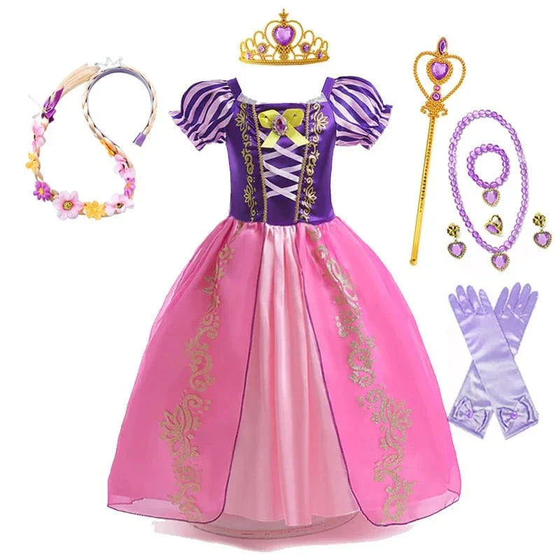 "Robe de princesse enfant violette Raiponce, détails dorés et manches bouffantes, costume parfait pour jouer et évènements sp