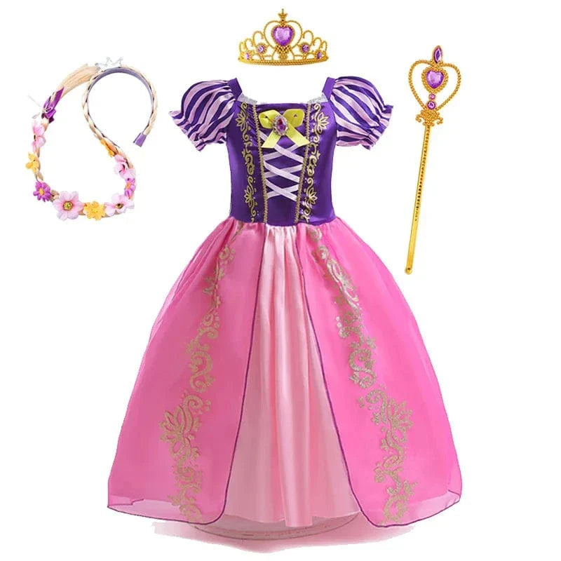 "Robe de princesse enfant violette Raiponce, détails dorés et manches bouffantes, costume parfait pour jouer et évènements sp