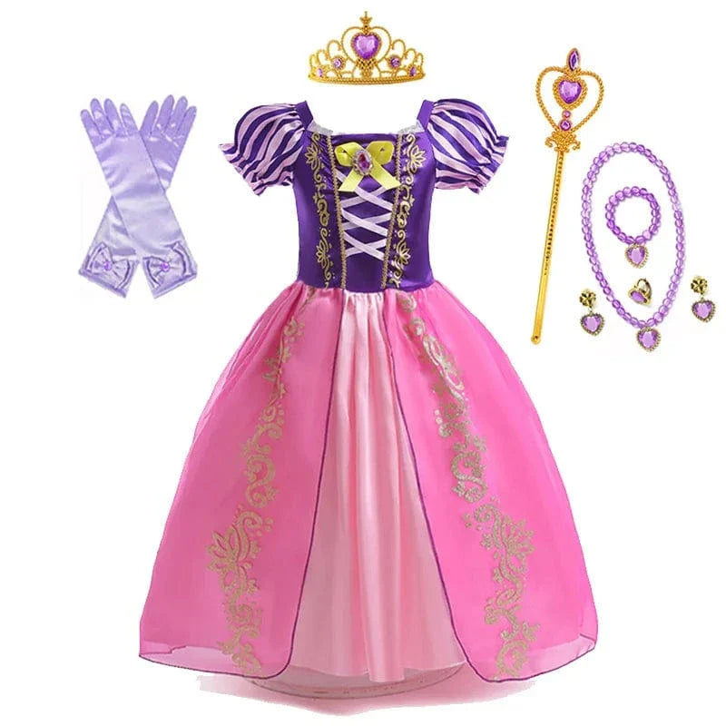 "Robe de princesse enfant violette Raiponce, détails dorés et manches bouffantes, costume parfait pour jouer et évènements sp