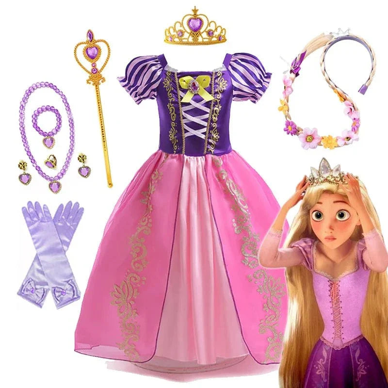 "Robe de princesse enfant violette Raiponce, détails dorés et manches bouffantes, costume parfait pour jouer et évènements sp