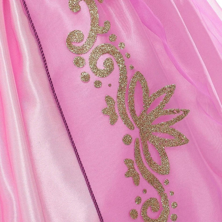 "Robe de princesse enfant violette Raiponce, détails dorés et manches bouffantes, costume parfait pour jouer et évènements sp