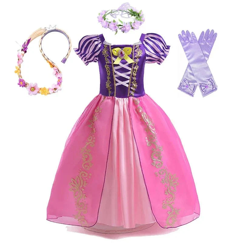 "Robe de princesse enfant violette Raiponce, détails dorés et manches bouffantes, costume parfait pour jouer et évènements sp