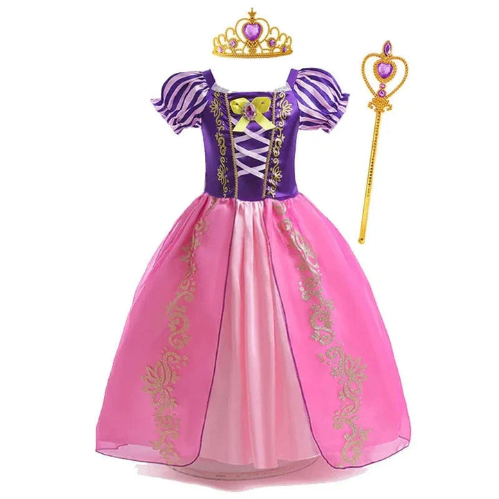 "Robe de princesse enfant violette Raiponce, détails dorés et manches bouffantes, costume parfait pour jouer et évènements sp