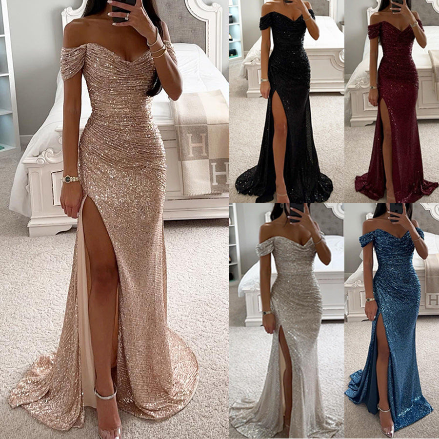 Robe de soirée femme, longue, pailletée, décolletée et fendue, pour un événement chic ou un bal.