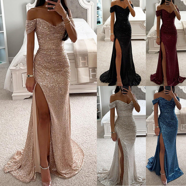 Robe de soirée femme, longue, pailletée, décolletée et fendue, pour un événement chic ou un bal.