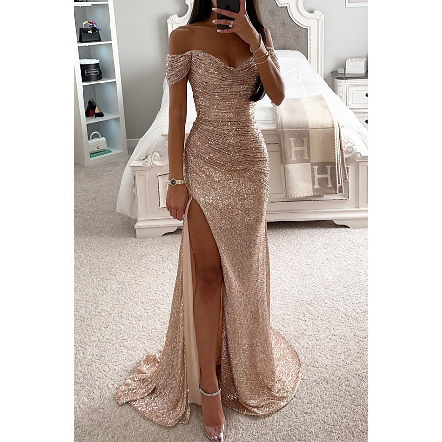 Robe femme élégante pour occasion spéciale, longue, pailletée, avec fente et décolleté glamour.