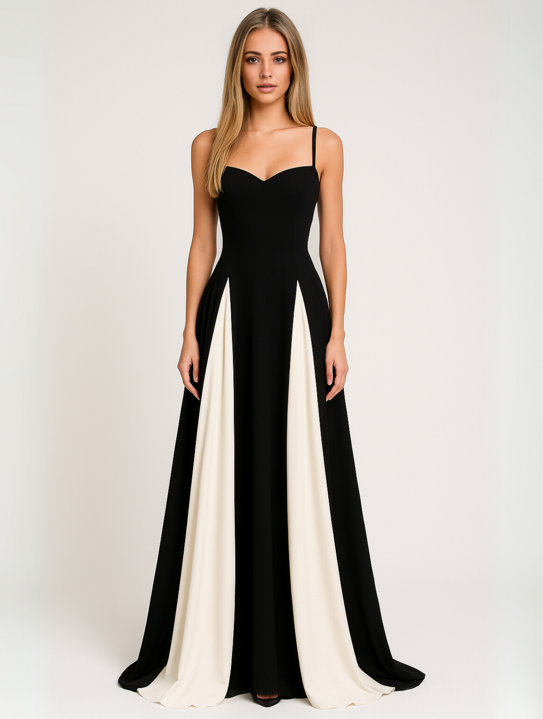 "Robe de soirée luxueuse avec corsage structuré et panneaux contrastés, jupe fluide, pour une élégance raffinée."