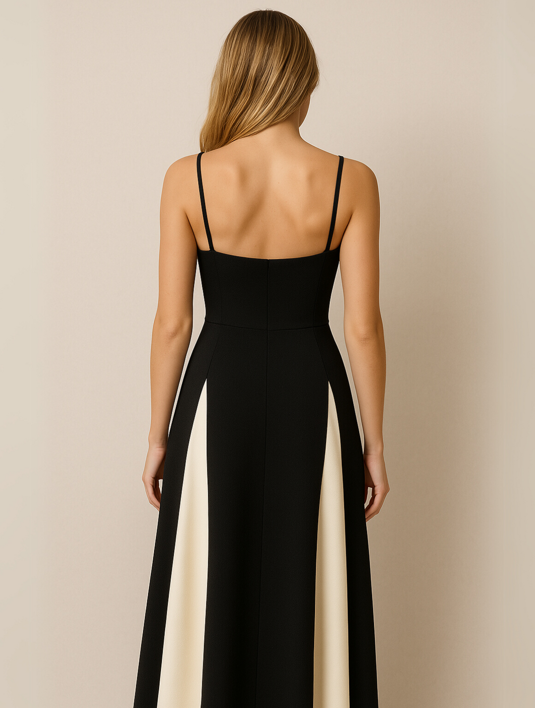 "Robe de soirée luxueuse avec corsage structuré et panneaux contrastés, jupe fluide, pour une élégance raffinée."