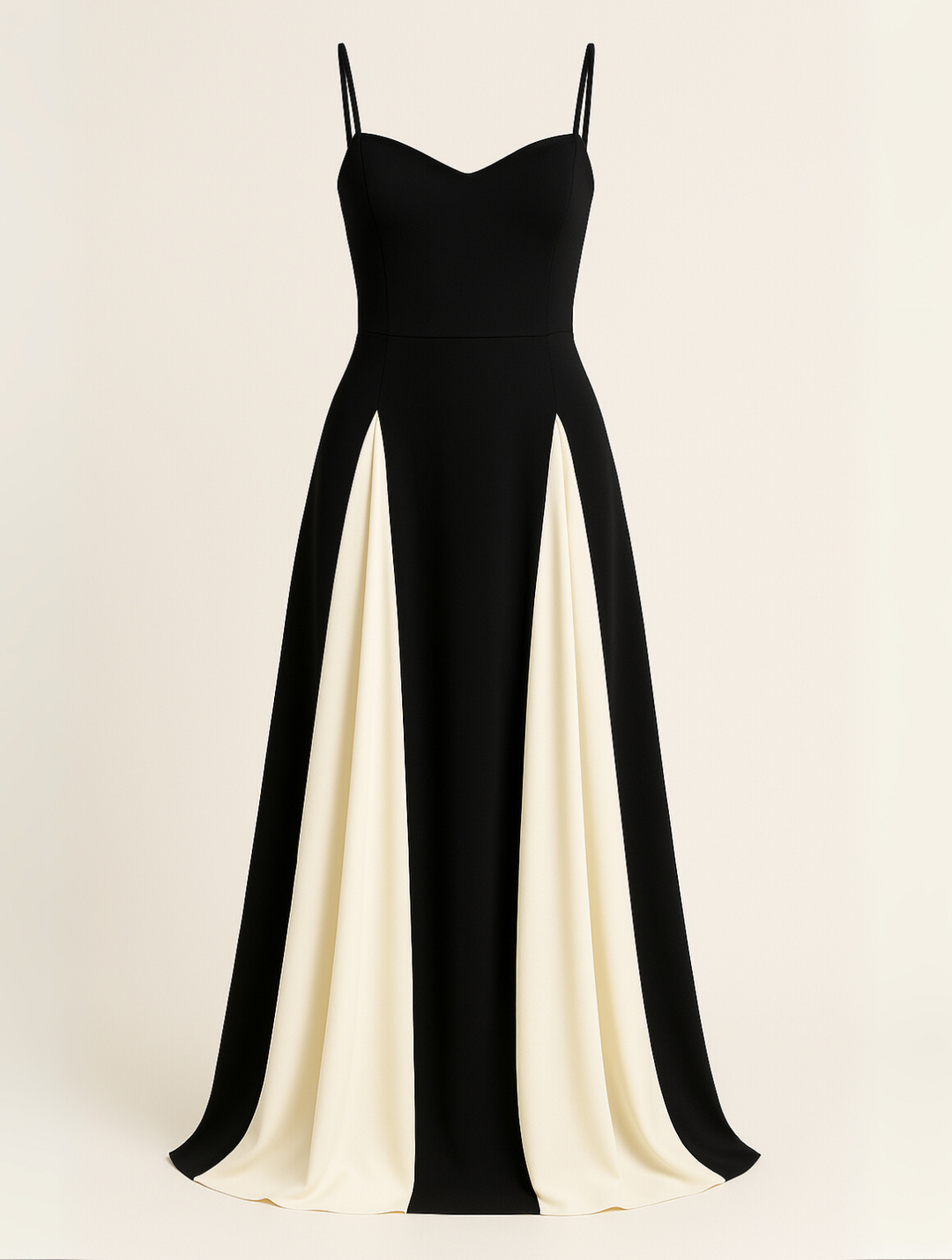 "Robe de soirée luxueuse avec corsage structuré et panneaux contrastés, jupe fluide, pour une élégance raffinée."