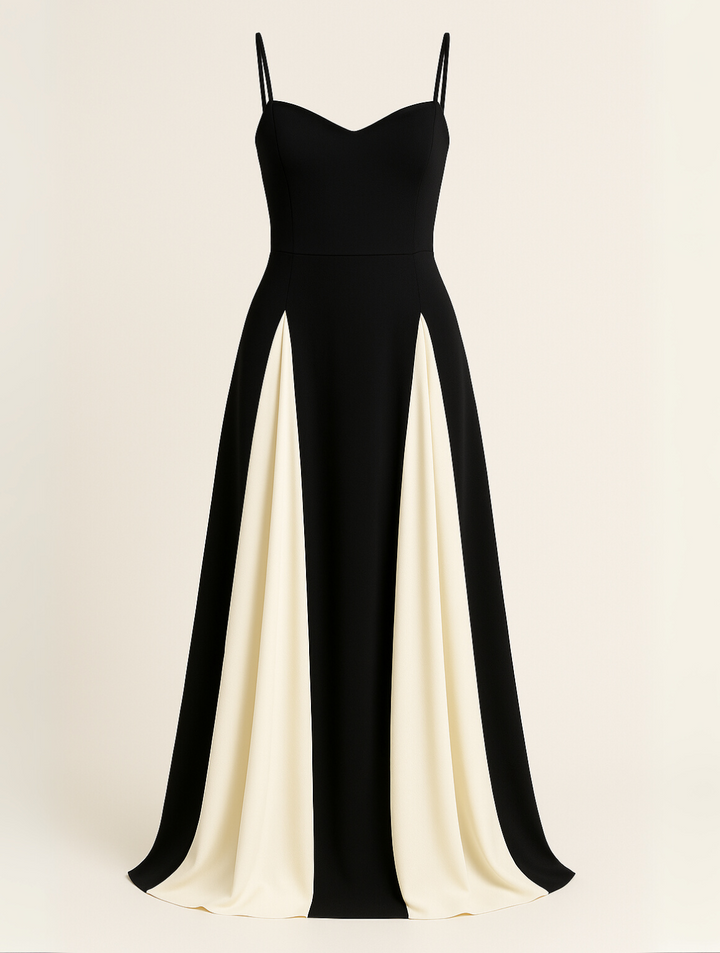 "Robe de soirée luxueuse avec corsage structuré et panneaux contrastés, jupe fluide, pour une élégance raffinée."